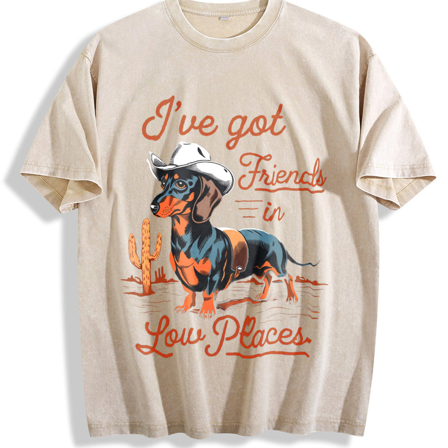 I've Got Friends In Low Places Dachshund Wiener Dog vintage washed oversized T-shirt in Beige