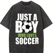 Just a Boy Who Loves Soccer Vintage Washed T-Shirt in Black