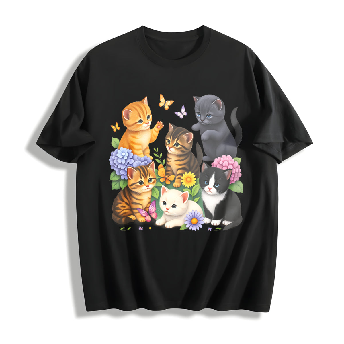 Retro Kitten 90s Cute Cats Pullover Cotton T-Shirt in Black