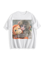 Cat with Monkey Plush Cotton T-Shirt in White