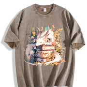 Animal Series: White Dragon Lying on Books with Floral. Vintage Washed T-Shirt in Brown