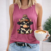 Sleeveless Tank with Cute Cartoon Cow & Beanie Women's Color Cotton Tank Top in Red