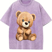 Cute Fluffiest Short-sleeve with Bear & Pom-pom Creature Vintage Washed T-Shirt in Purple