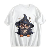 Autumn a Cartoon- Owl from the Early Days Cotton T-Shirt in White