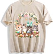 Ladies' Cat in Easter Basket Vintage Washed T-Shirt in Beige