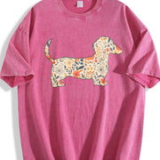 Floral Dachshund Wiener Dog Vintage Washed T-Shirt in Red