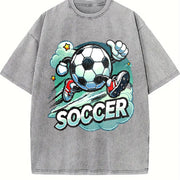 Cartoon Soccer Ball Vintage Washed T-Shirt in Gray