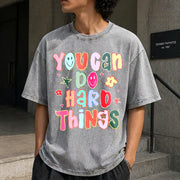 You Can Do Hard Things Teacher Vintage Washed T-Shirt in Gray