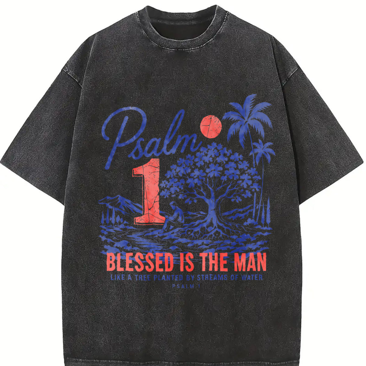 Psalm 1 Blessed Is the Man Christian Faith Tree Nature Vintage Washed T-Shirt in Black