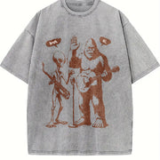 Retro Bigfoot and Alien with Electric Guitar Vintage Washed T-Shirt in Gray