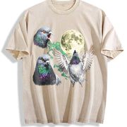 Pigeon Moon Retro Bird Nature Vintage Washed T-Shirt in Beige