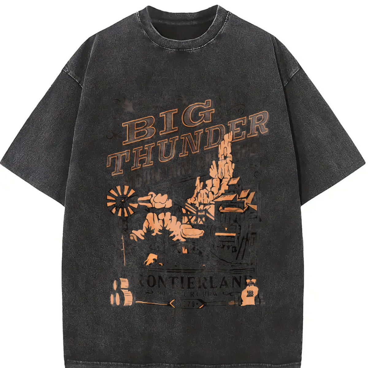 European and American Letter Vintage Washed T-Shirt in Black