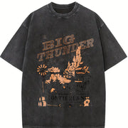 European and American Letter Vintage Washed T-Shirt in Black