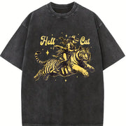 Hell Cat Cowgirl Riding Tiger Vintage Washed T-Shirt in Black