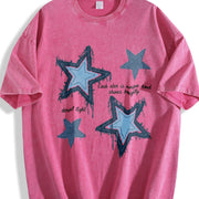 XINGX Star Blue Denim Ideal for All Seasons vintage washed oversized T-shirt in Red