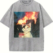 Glam Cat with a Fire Background Vintage Washed T-Shirt in Gray