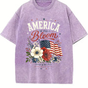 America Bloom Patriotic Floral Flag 4th of July Flowers Vintage Washed T-Shirt in Purple