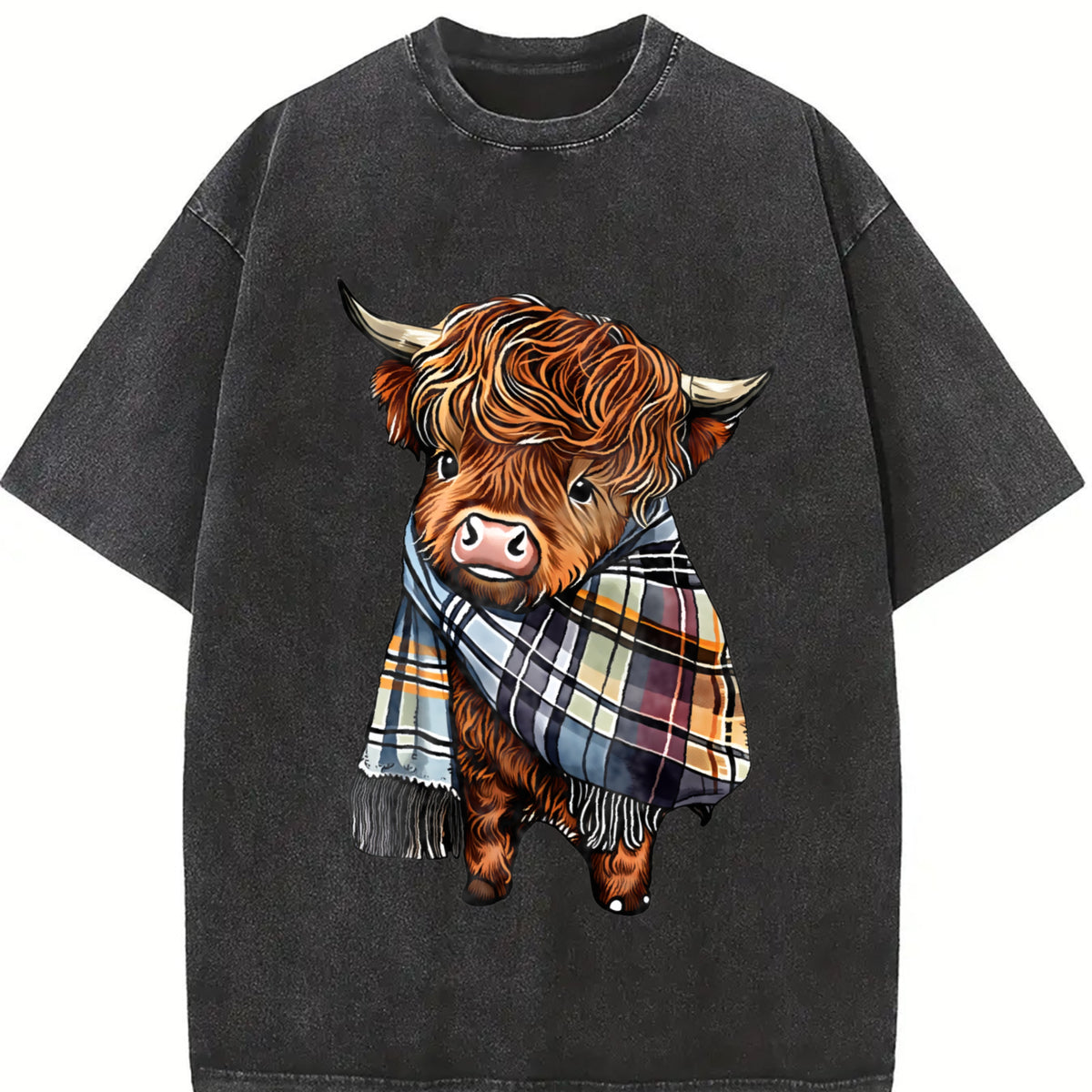 Scottish Highland Cow Plaid Vintage Washed T-Shirt in Black
