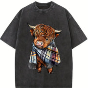 Scottish Highland Cow Plaid Vintage Washed T-Shirt in Black