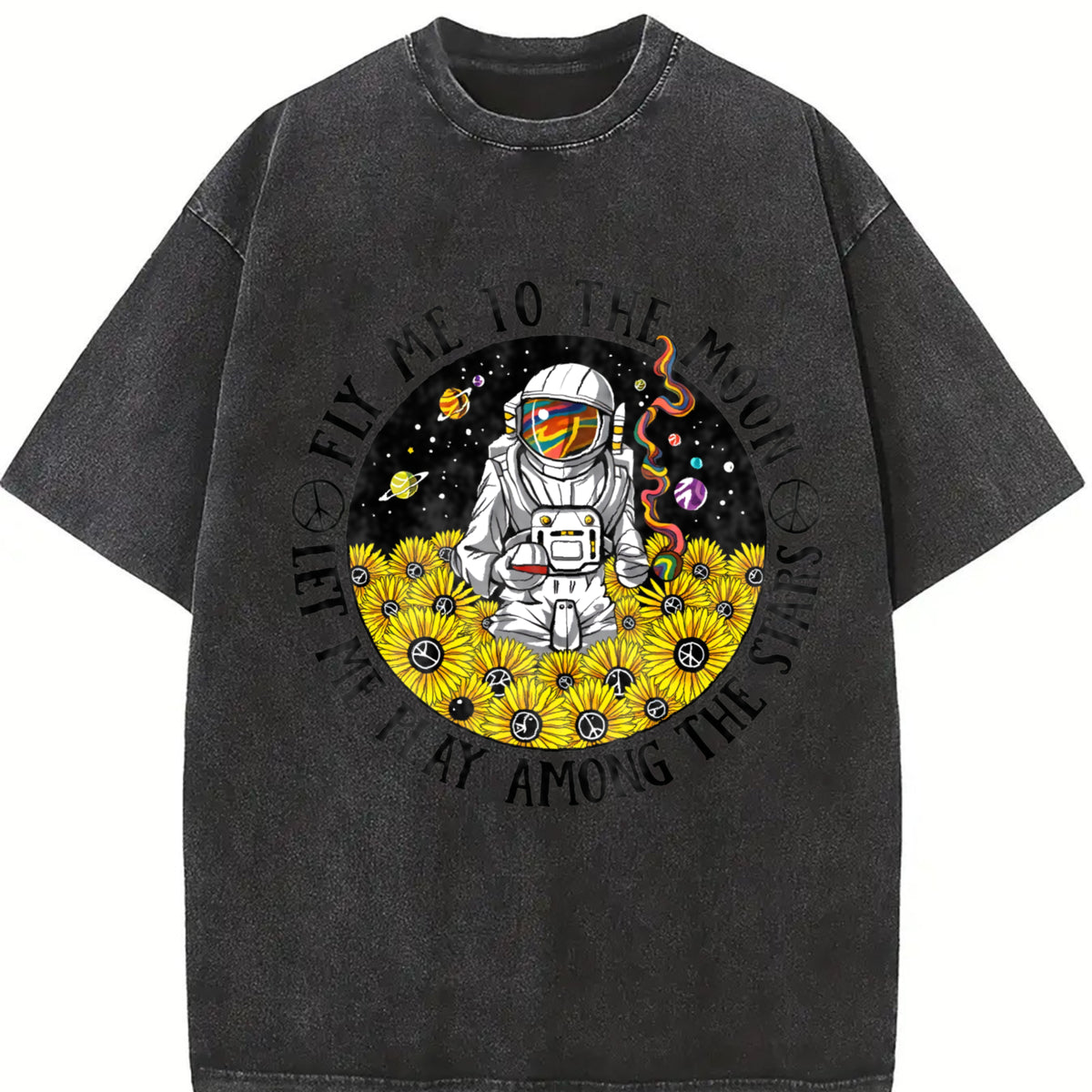 Fly Me to the Moon Let Me Play Among the Stars Vintage Washed T-Shirt in Black