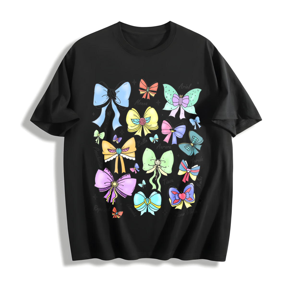 Coquette Bows Watercolor Prinncess Cotton T-Shirt in Black