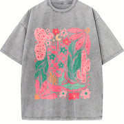 Pink Desert Cowboy Boots & Cactus vintage washed oversized T-shirt in Gray