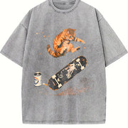 Skateboarding Cat Cats Skate Vintage Washed T-Shirt in Gray