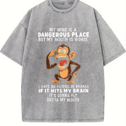 Humorous Monkey My Mind Is a Dangerous Place Slogan Party vintage washed oversized T-shirt in Gray