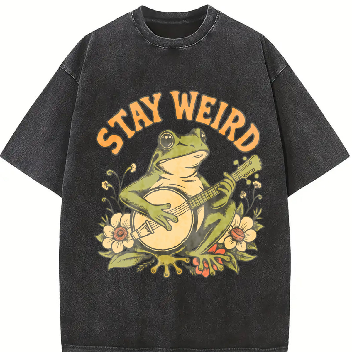 Stay Weird Frog Retro Vintage Washed T-Shirt in Black