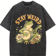 Stay Weird Frog Retro Vintage Washed T-Shirt in Black