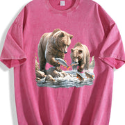Bears 90s Retro Bear Fishing Wildlife Vintage Washed T-Shirt in Red