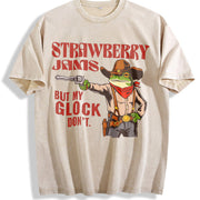 Strawberry Jams but My Glock Don't Frog Meme Western Vintage Washed T-Shirt in Beige