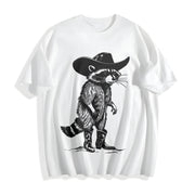 Raccoon Cowboy Western Cowgirl Cotton T-Shirt in White