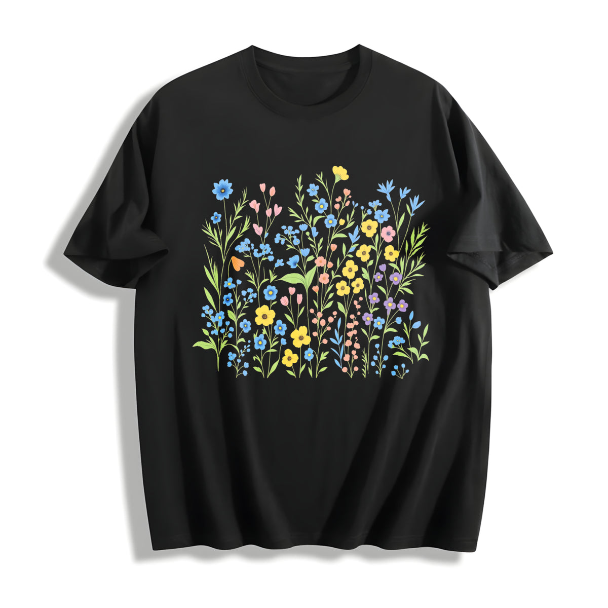 Wildflowers Botanical Floral Cotton T-Shirt in Black