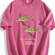 Go with the Flow Sea Turtle Ocean Nature Lover Boxy DTG Vintage Washed T-Shirt in Red