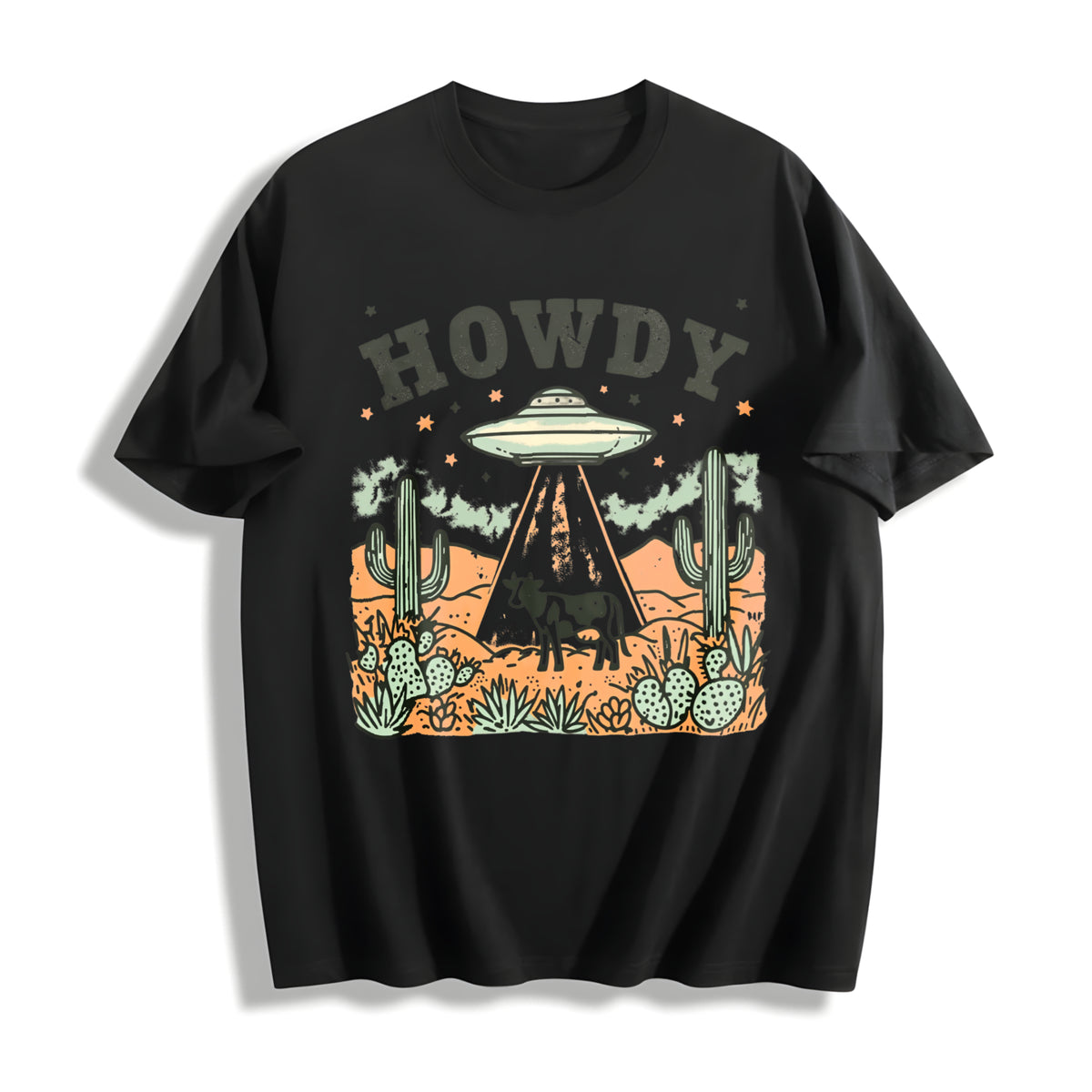 Howdy Ufo Western Cow Retro Cowboy 90s Desert Cactus Y2k Cotton T-Shirt in Black