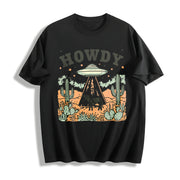 Howdy Ufo Western Cow Retro Cowboy 90s Desert Cactus Y2k Cotton T-Shirt in Black