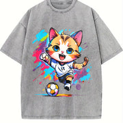 Cat Soccer Player Vintage Washed T-Shirt in Gray