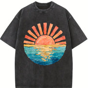 Retro Ocean Sunset Vintage Washed T-Shirt in Black