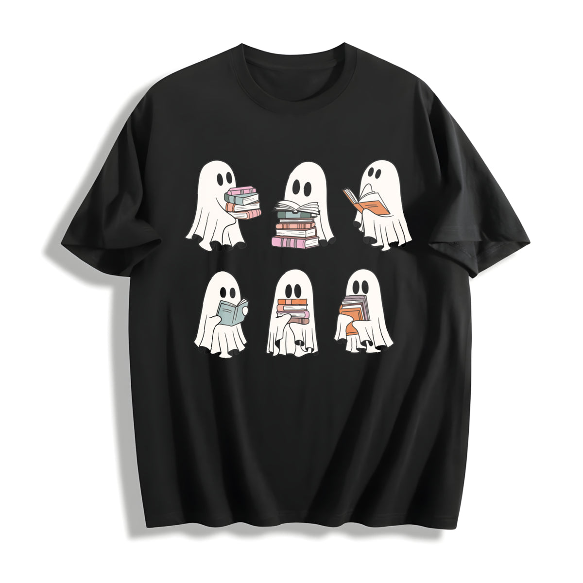 Ghost Reading Book Lover Cotton T-Shirt in Black