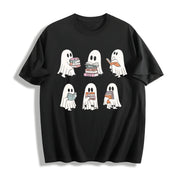 Ghost Reading Book Lover Cotton T-Shirt in Black