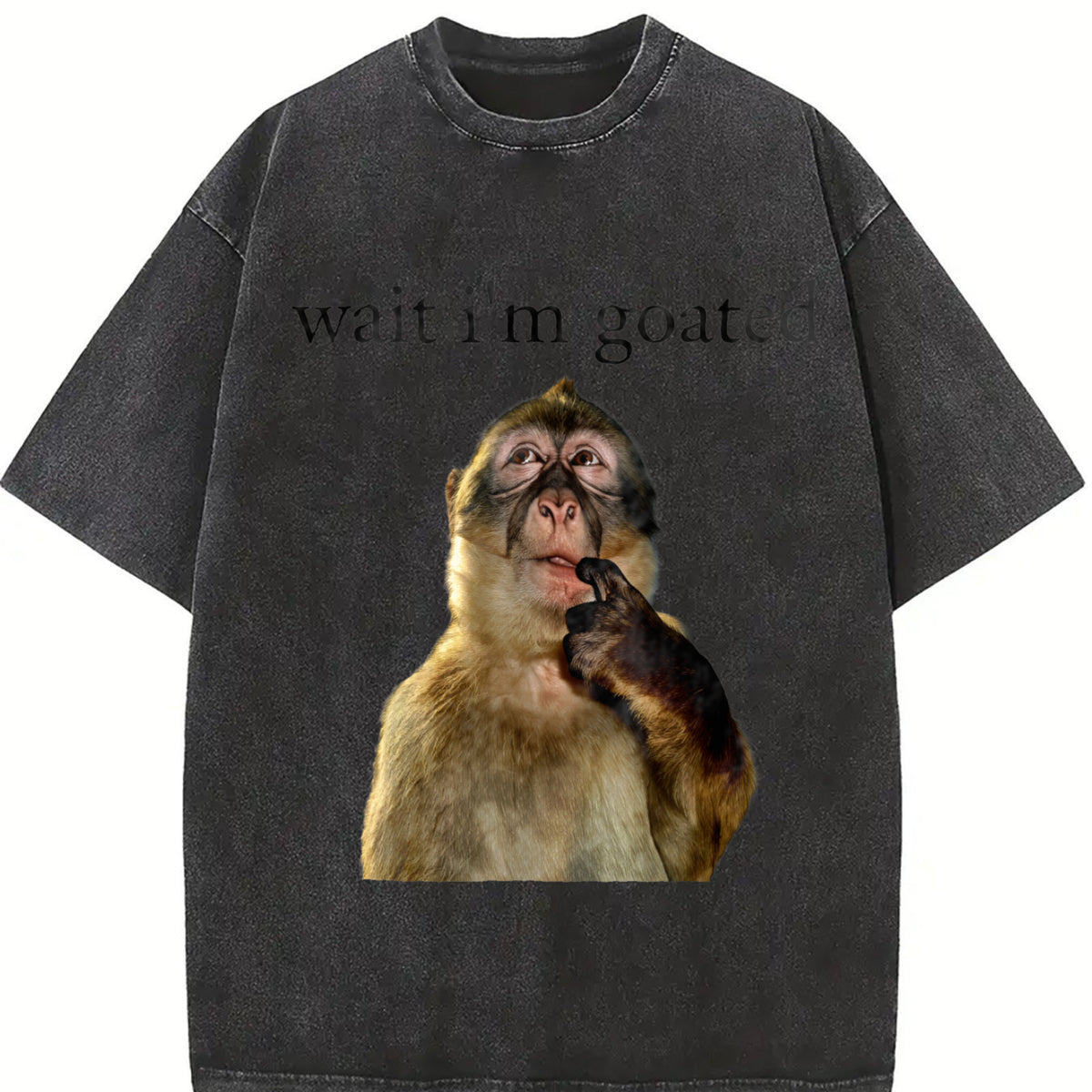 25 Wait I'm Goated Thinking Monkey Meme Brainrot vintage washed oversized T-shirt in Black