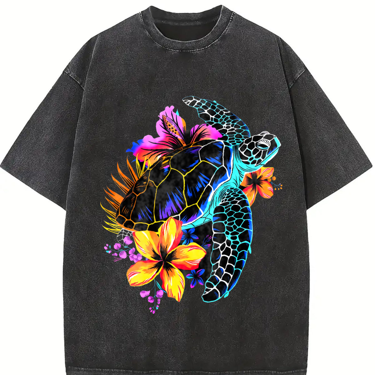 Sea Turtle Hawaiian Flowers Hawaii Scuba Diving Diver vintage washed oversized T-shirt in Black