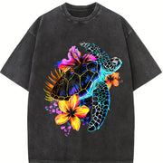 Sea Turtle Hawaiian Flowers Hawaii Scuba Diving Diver vintage washed oversized T-shirt in Black