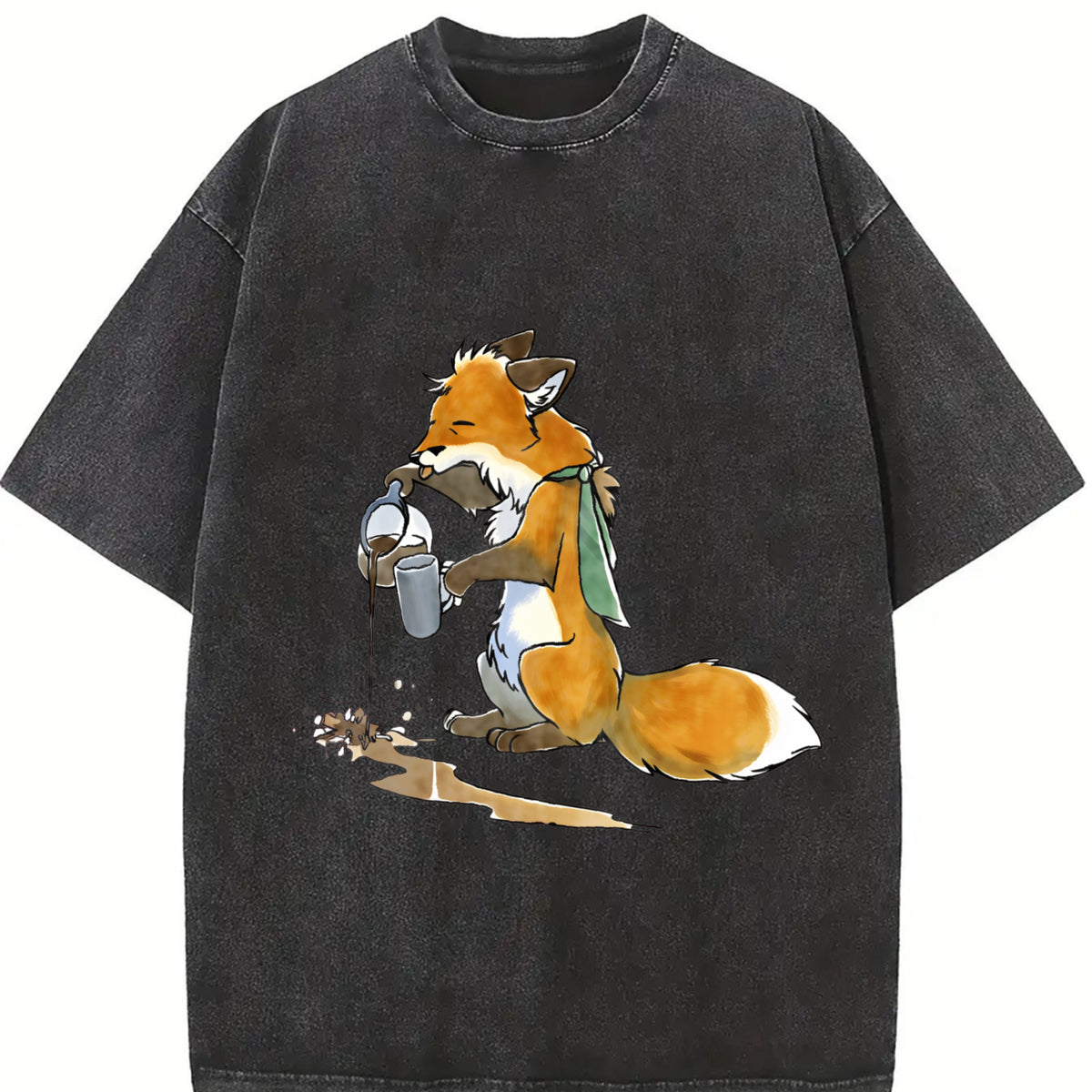 Ladies' Autumn Fuzzy Fox Mistakenly Spills Water Cartoon Vintage Washed T-Shirt in Black