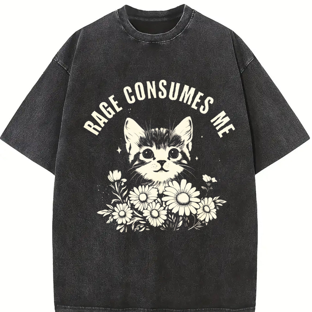 Rage Consumes Me Cute Cat Meme Vintage Washed T-Shirt in Black