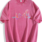 Heartbeat Cat Lover Animal Silhouette Cute Cat vintage washed oversized T-shirt in Red