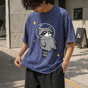 Space Raccoon Vintage Washed T-Shirt in Blue