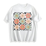 Retro Checkered Flower Cotton T-Shirt in White
