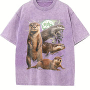 Otters 90s Retro Moon Animal Vintage Washed T-Shirt in Purple